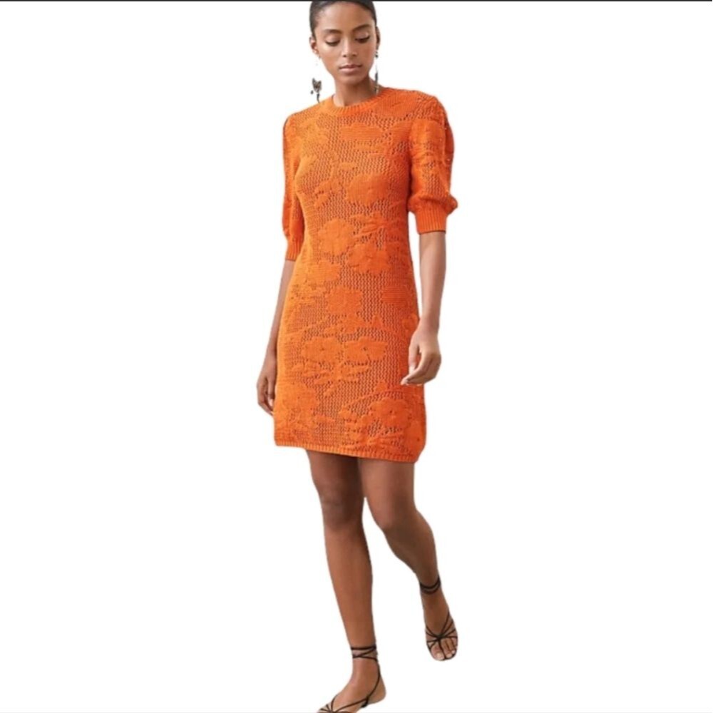 Anthropologie Maeve Orange Floral Crochet Knitted Half Sleeve Mini Dress Size XS